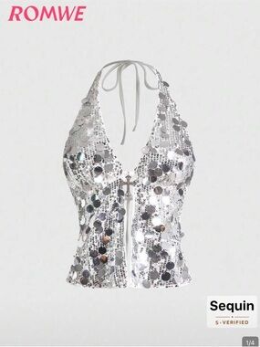 Sequin Halter V-Neck Crop Top in Silver